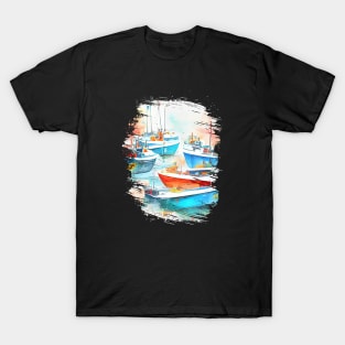 Fishing Boat Port Landscape Scenery Nature Watercolor Art Painting T-Shirt